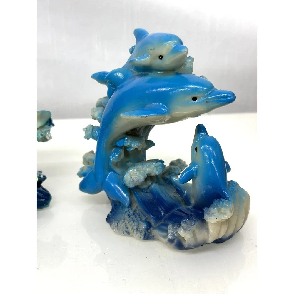 Marine Sea Ocean Set of 7 Blue Dolphins Swimming Over Giant Reef Waves Figurine